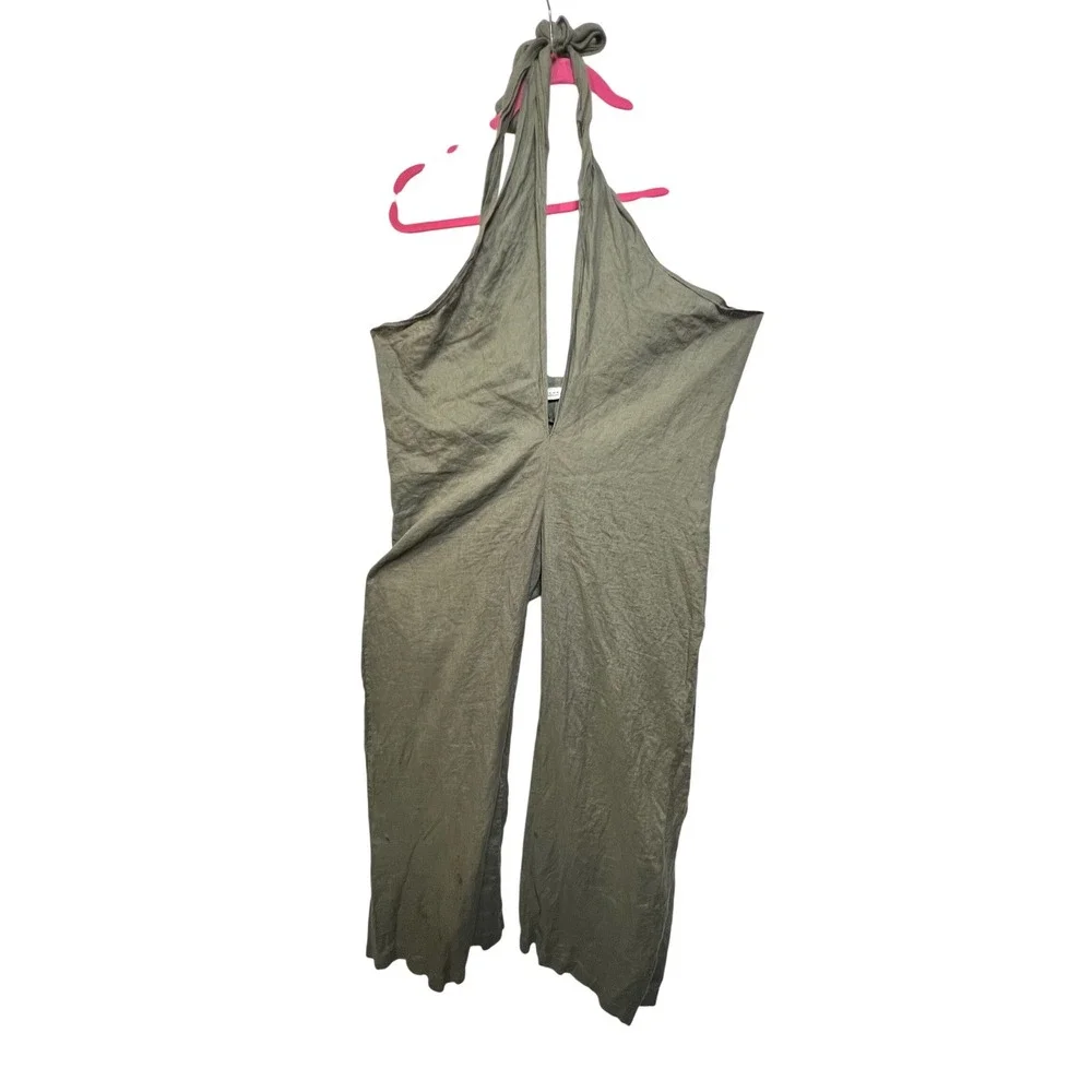 Zara‎ Womens Olive Green 100% Linen Halter Wide Leg Jumpsuit Size Medium